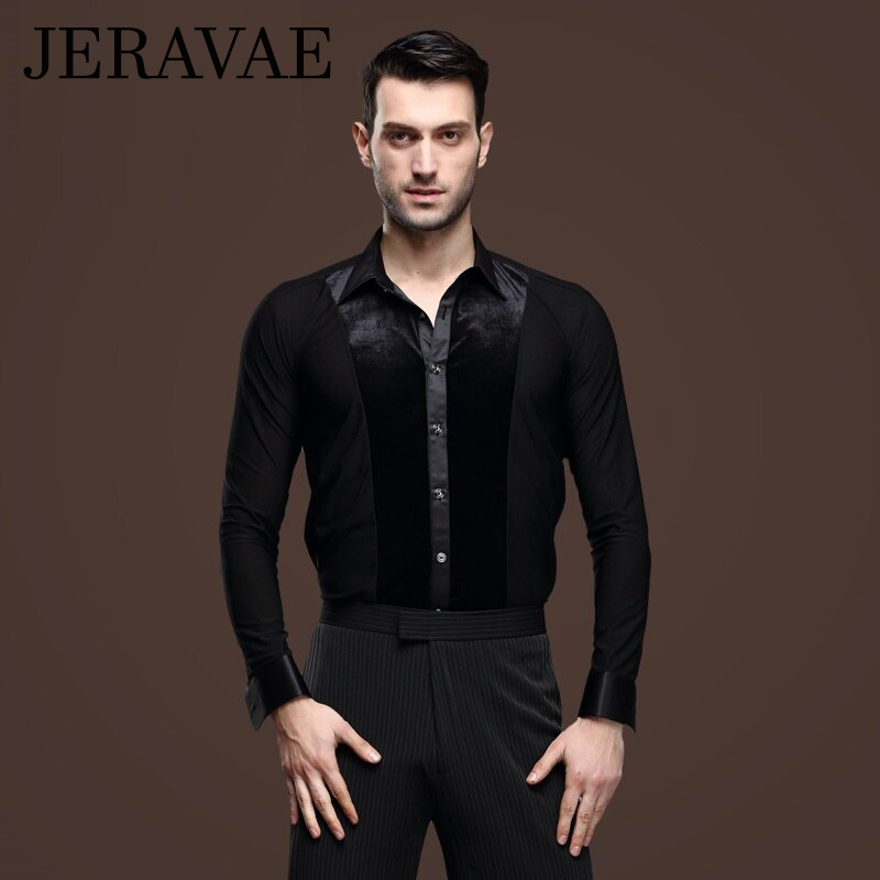 Men's Black Latin Tuck Out Shirt with Velvet Accent and Winged Collar M004  in Stock