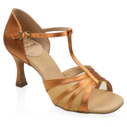 Light Tan Satin Ladies Latin Dance Shoe with Square Toe, Mesh, and T-Strap