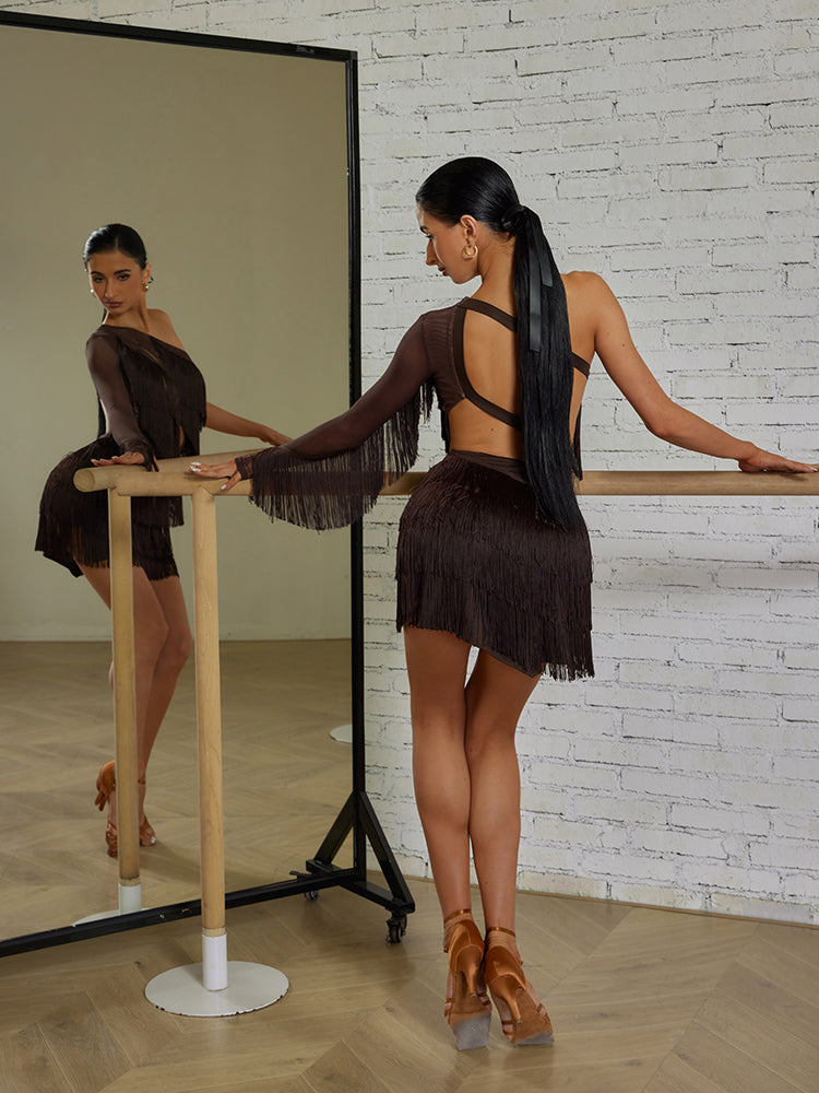 Open back and long mesh sleeve with fringe on ladies' dance dress