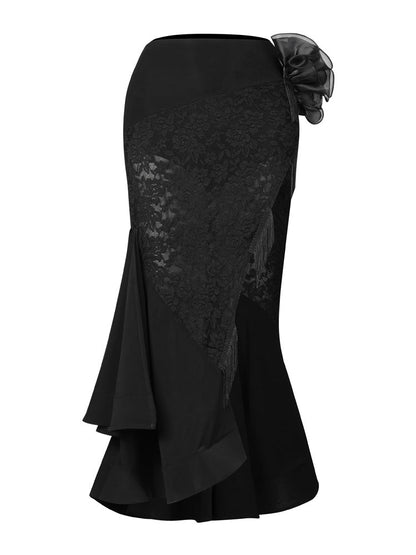 Black lace and fringe Latin dance skirt for women