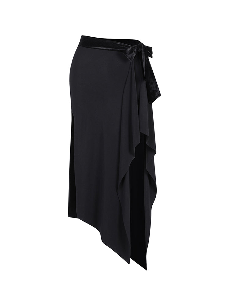 Ladies' black velvet Latin dance skirt with slit and tie detail