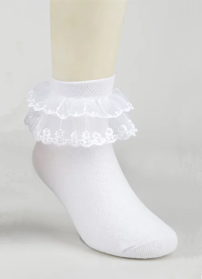 White Ankle Socks for Girls with Layered Lace Ruffle and Breathable Fabric In Stock