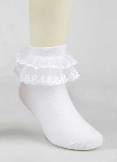 White Ankle Socks with Layered Lace Ruffle