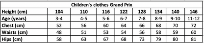 Grand Prix Tights Sizing Chart