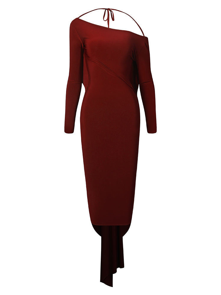 Women's Latin practice dress in wine red with long sleeves