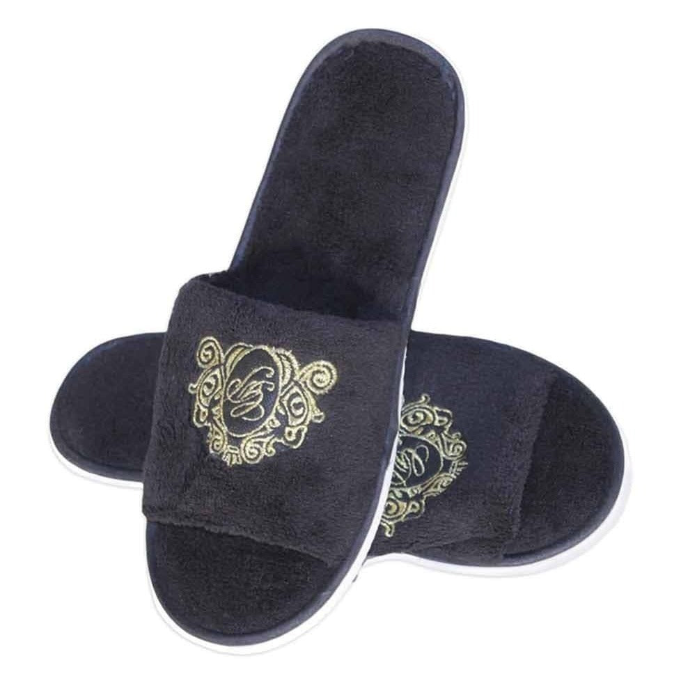 Black Open Toe Slippers with Gold Embroidery