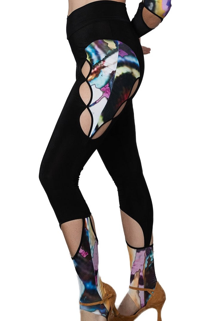 Black and print leggings for dance and yoga with cutouts