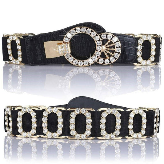 Elastic belt with oval crystal and gold accent