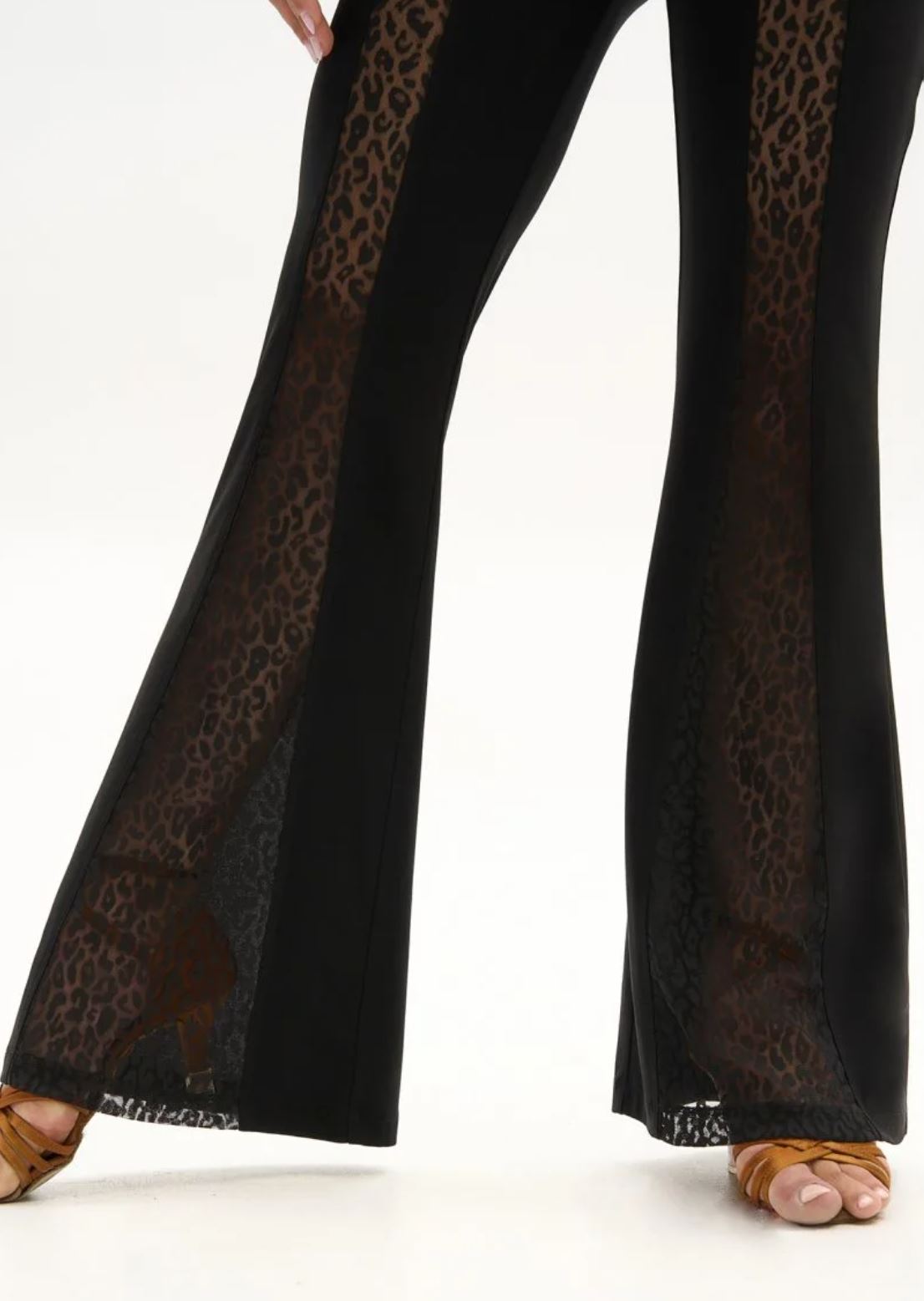 Ladies' flared leg Latin dance pants with leopard print mesh