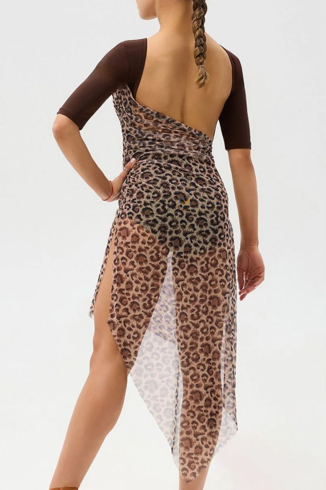 Back view of ladies' brown leopard print mesh Latin dress