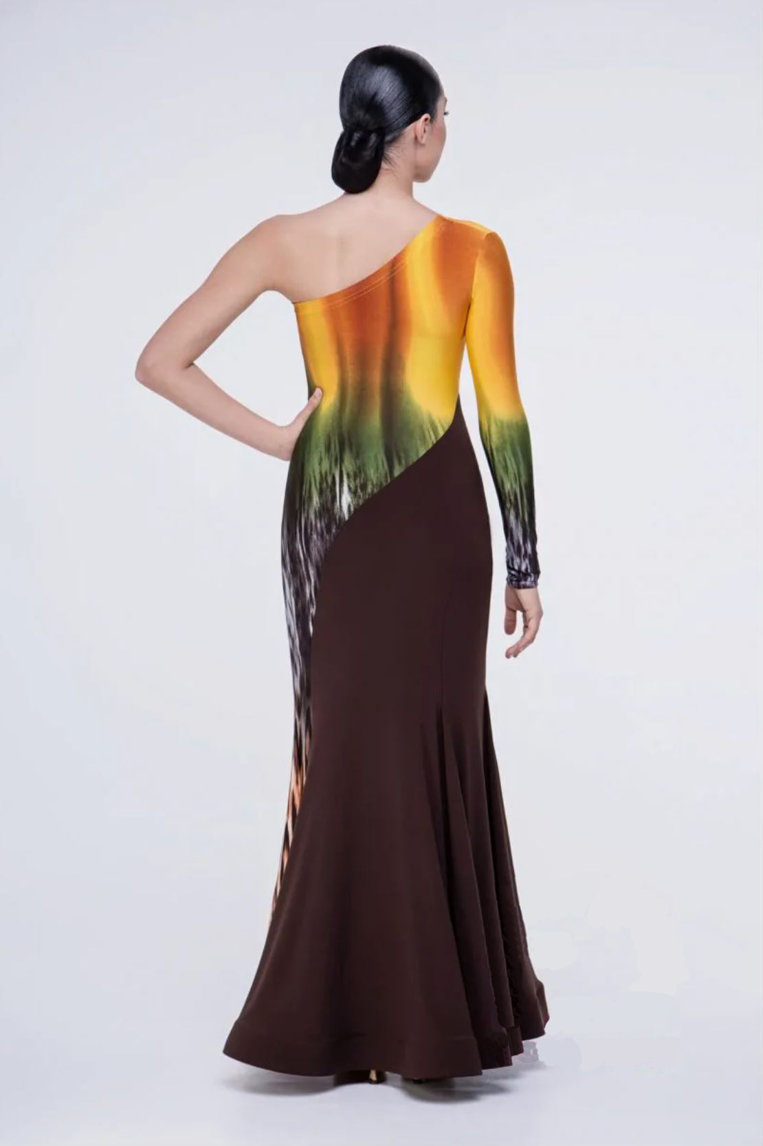 Women's unique animal print tie dye ballroom dress with one long sleeve