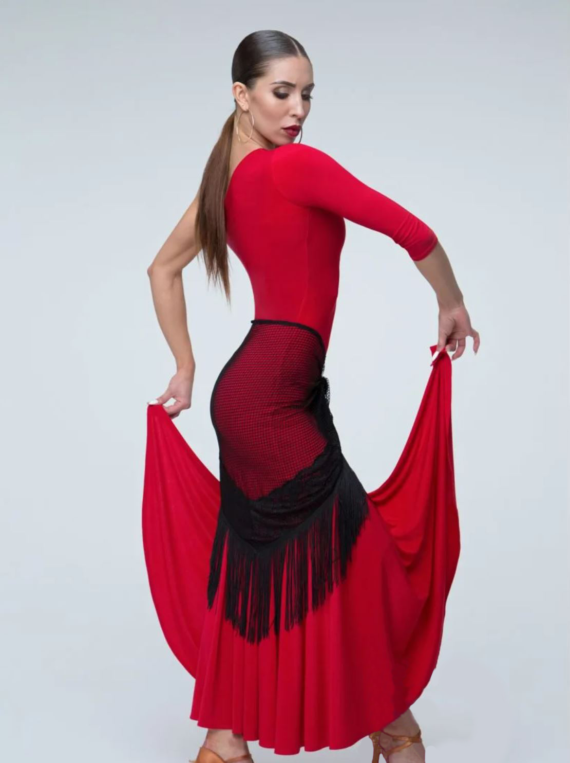 Side view of women's red tango dress