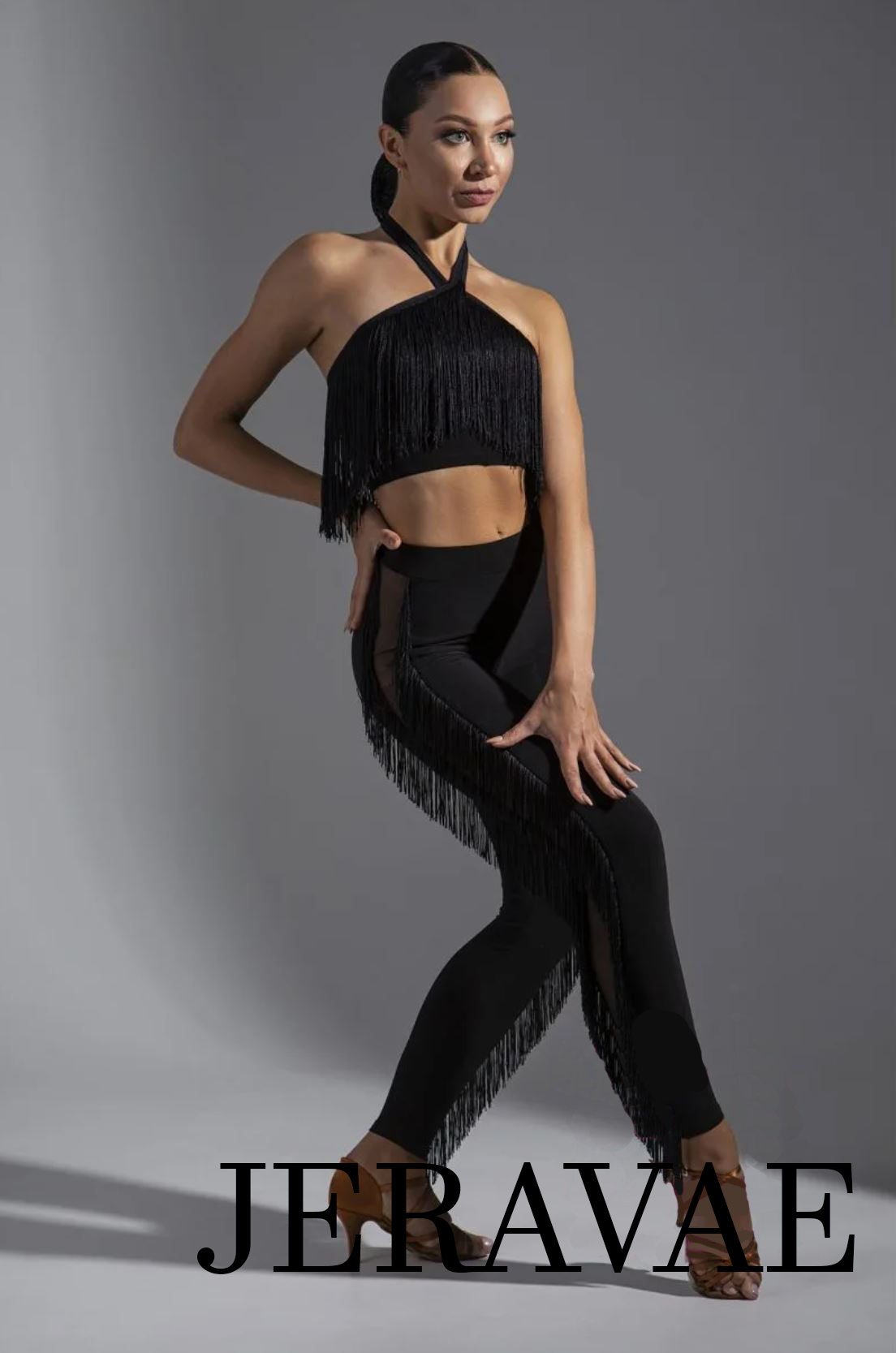 Women's Black Latin Practice Dance Leggings with Stretch Mesh Inserts and Fringe on Sides PRA 1147