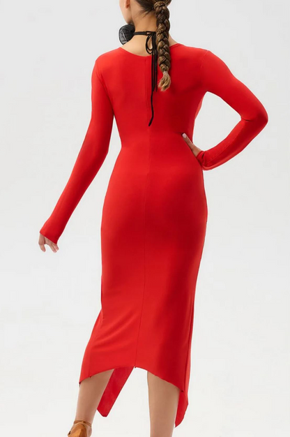 Back of women's red long sleeve Latin dress