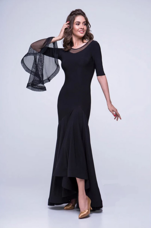 Women's black ballroom dress with large woven mesh sleeves