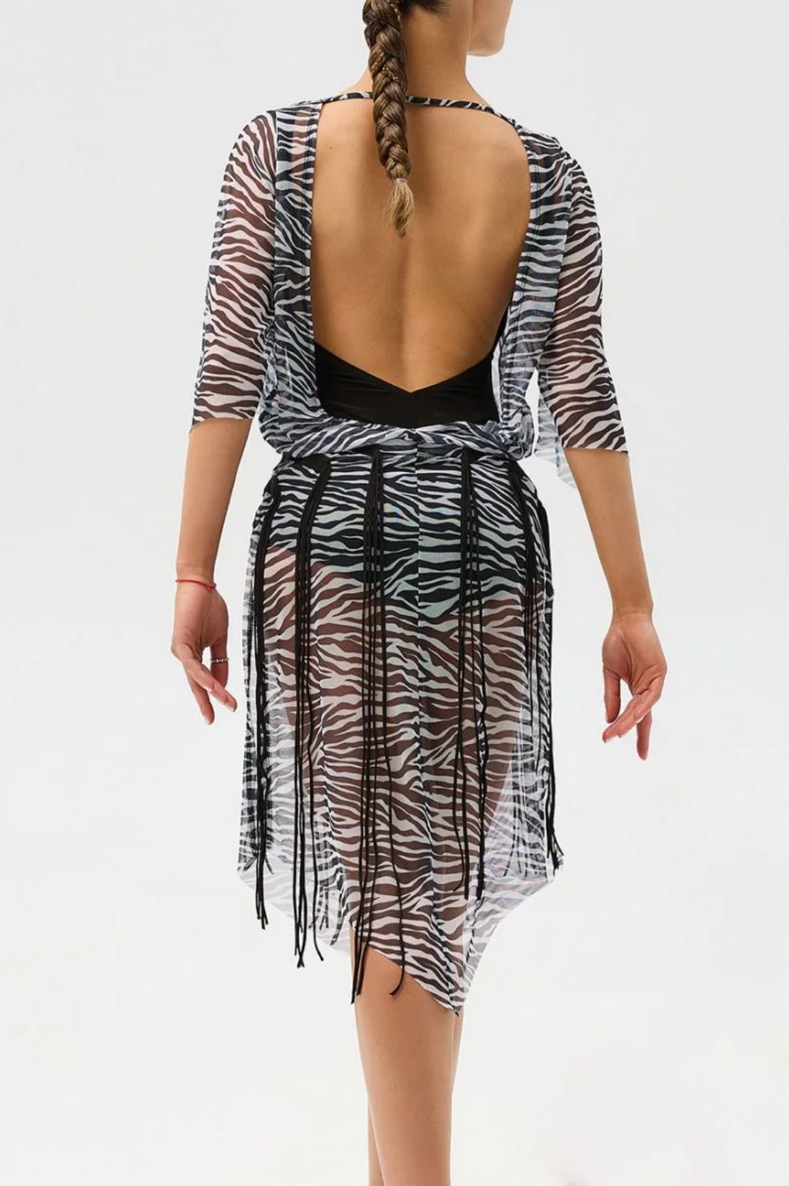 Back view of women's animal print mesh Latin dress with fringe