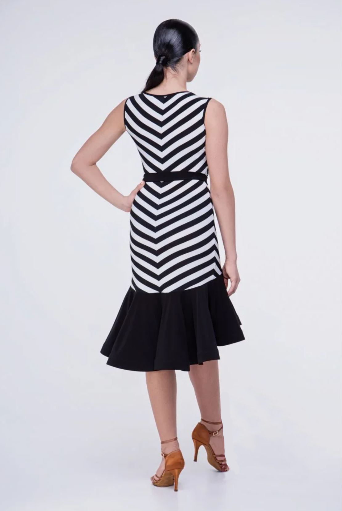 Back view of black and white stripe Latin dress