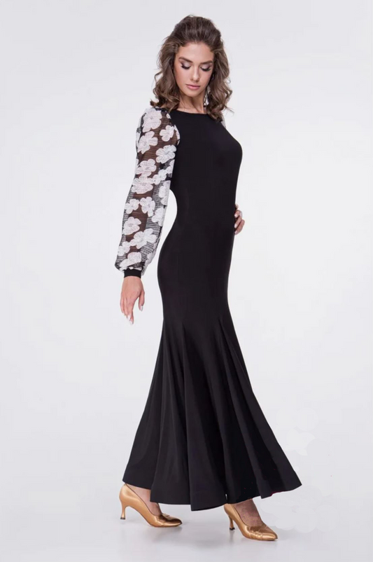 Women's black ballroom dress with white mesh flowers on long sleeves