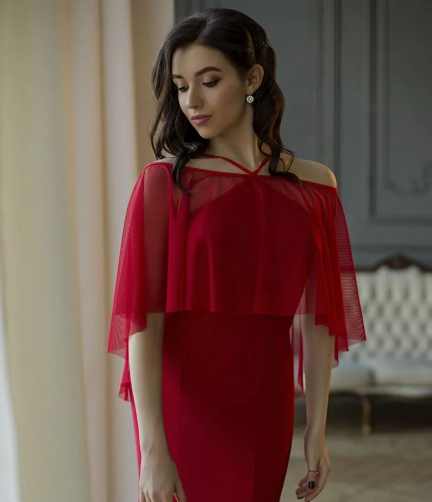 Long Black or Red Ballroom or Smooth Practice Dress with Mesh Ruffle and Cold Shoulder Detail PRA 369