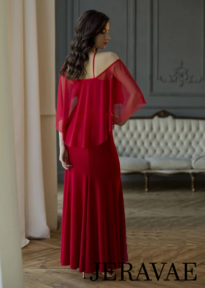 Long Black or Red Ballroom or Smooth Practice Dress with Mesh Ruffle and Cold Shoulder Detail PRA 369