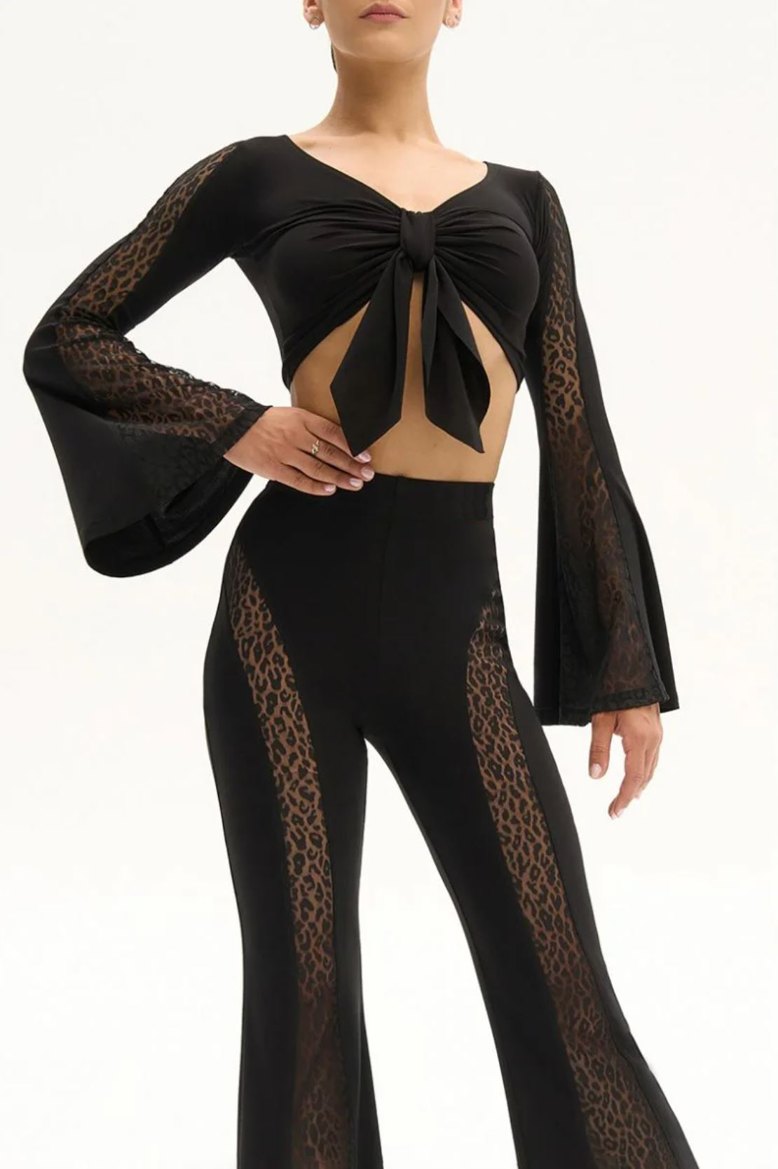 Women's black Latin dancing top with leopard mesh inserts