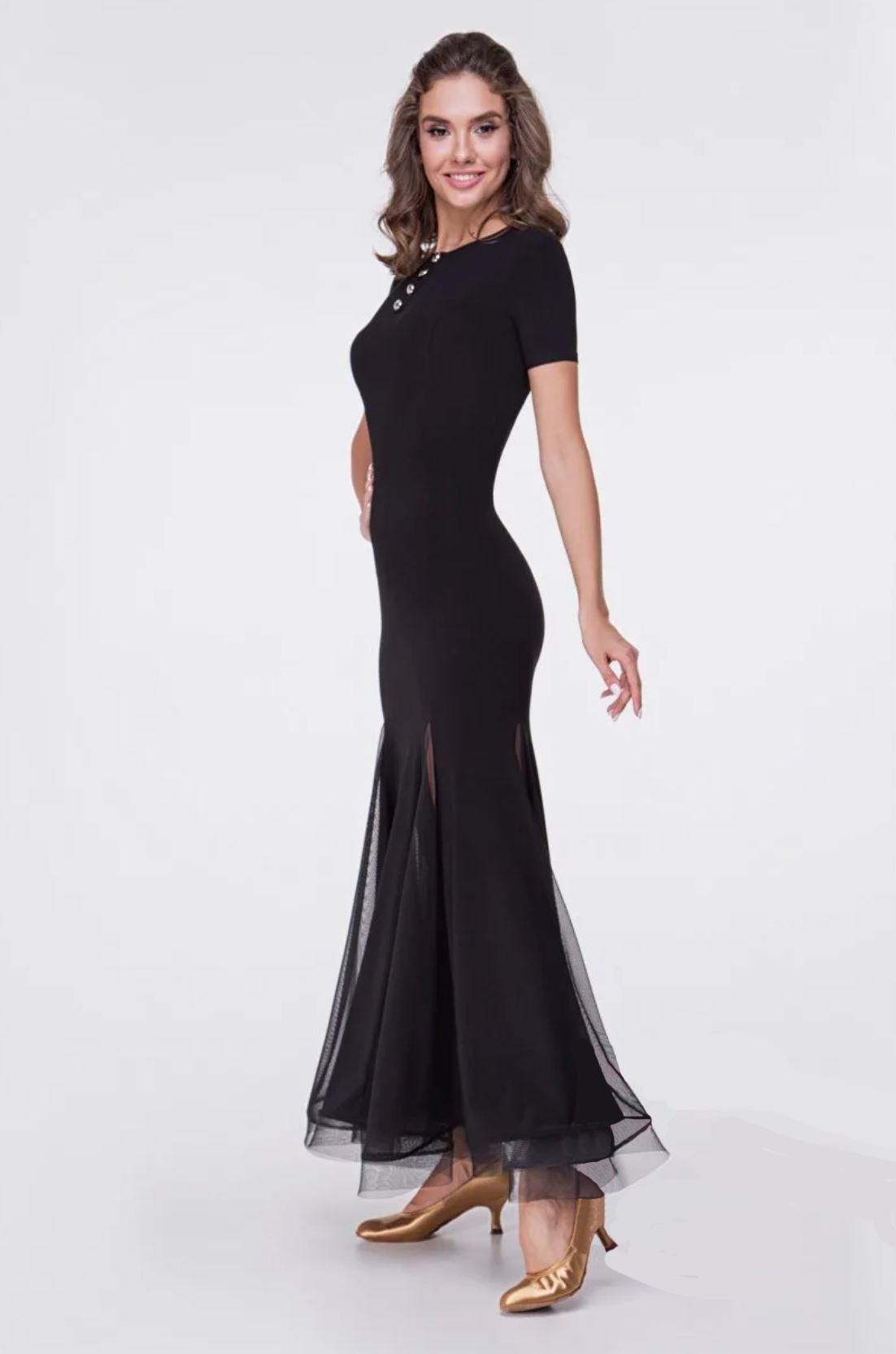 Women's black ballroom dancing dress with mesh skirt