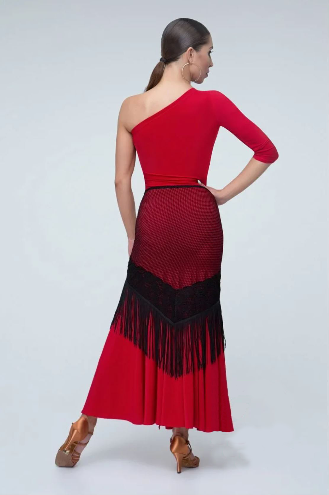 Back view of one sleeve ladies' red tango dress