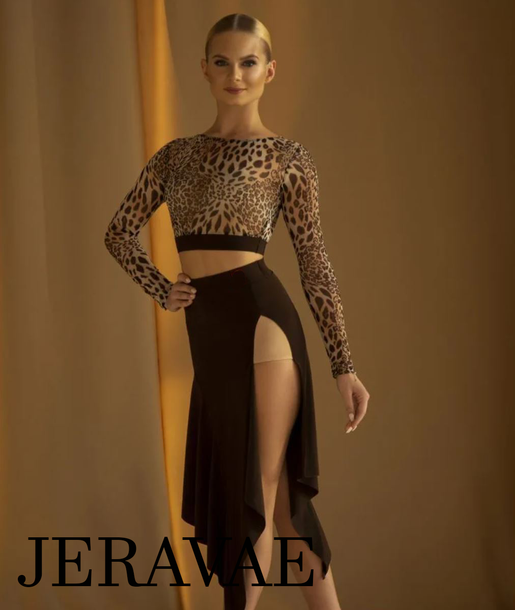 Latin Practice Skirt with High Side Slit, Velvet Waistband, and Flutter V-Cut Hem in Black, Red, or Brown PRA 581