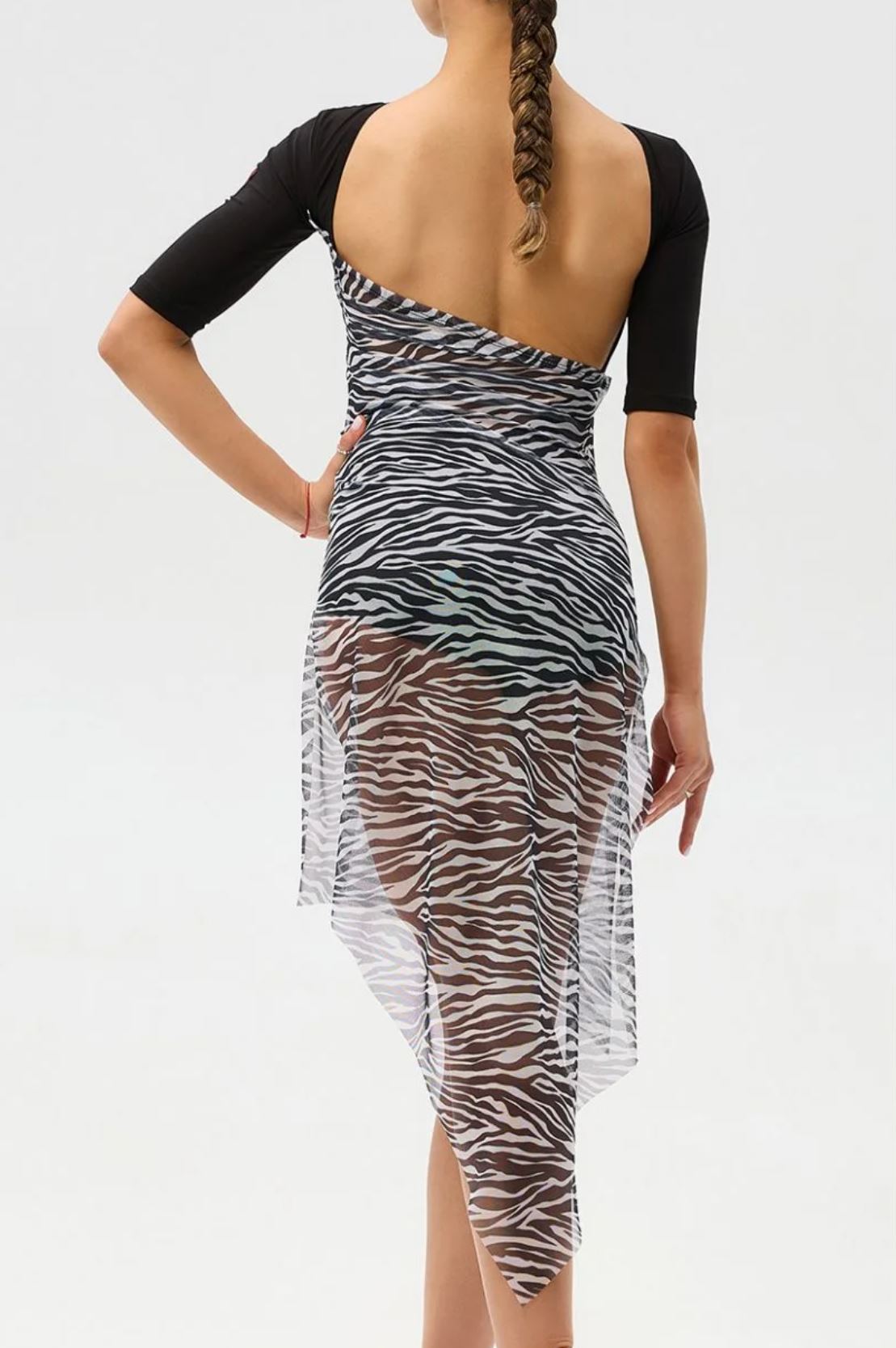 Back view of ladies' zebra print mesh Latin dancing dress