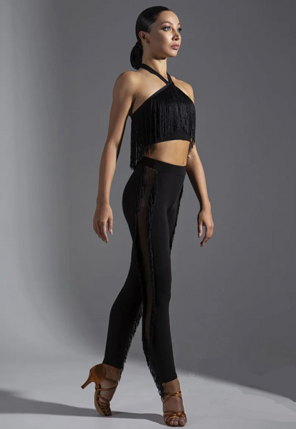 Women's Black Latin Practice Dance Leggings with Stretch Mesh Inserts and Fringe on Sides PRA 1147