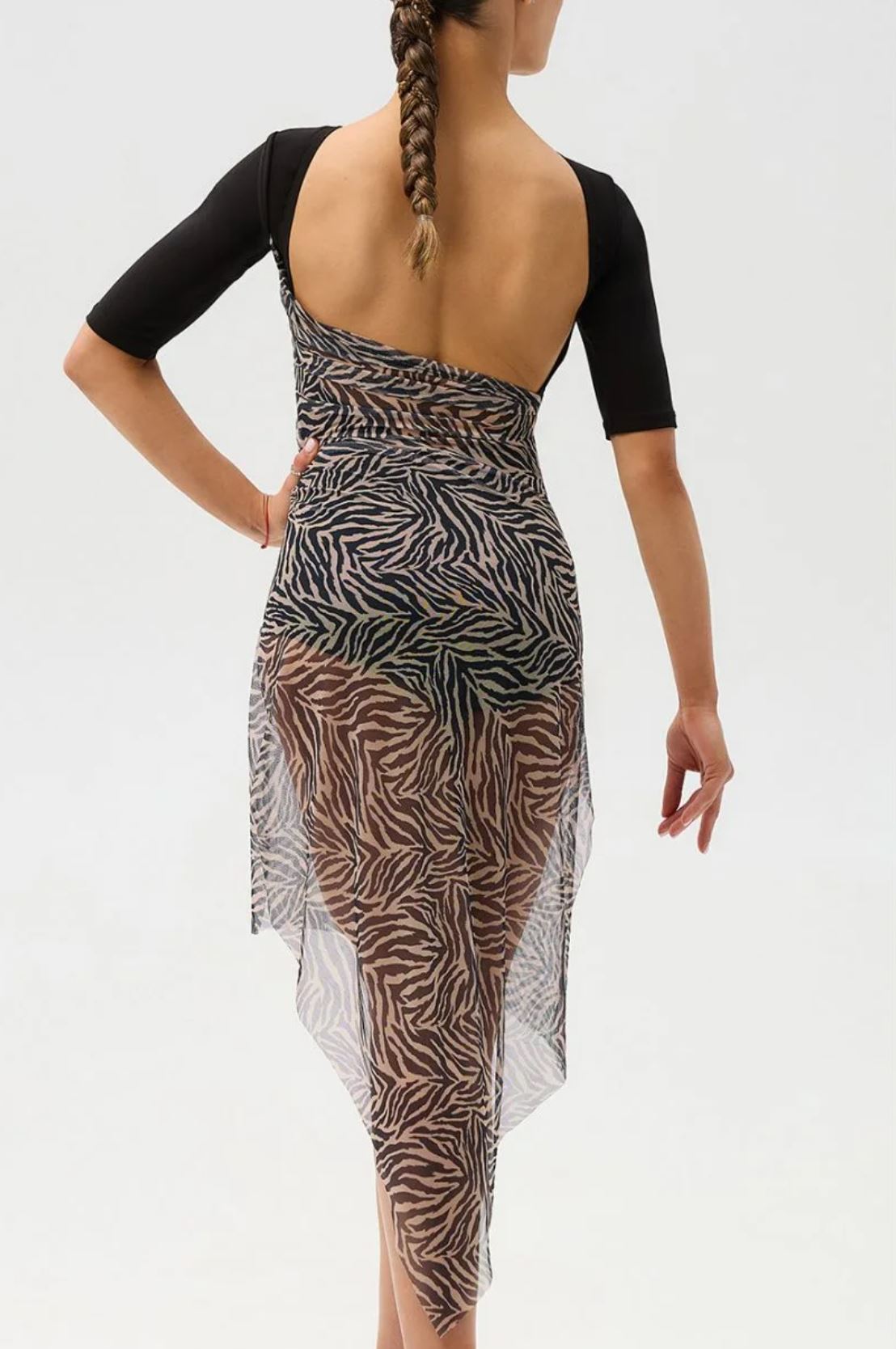 Back view of asymmetrical Latin dance dress with open back