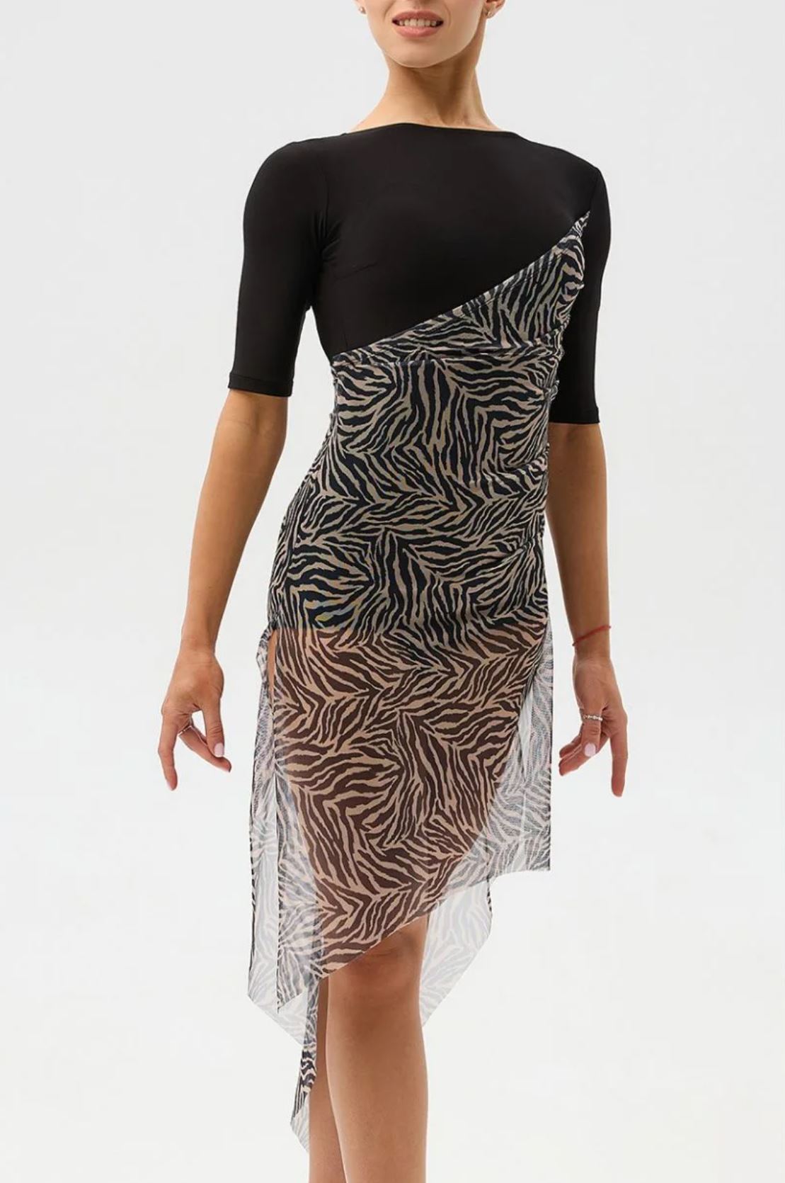 Black and brown mesh zebra print Latin dance dress for women