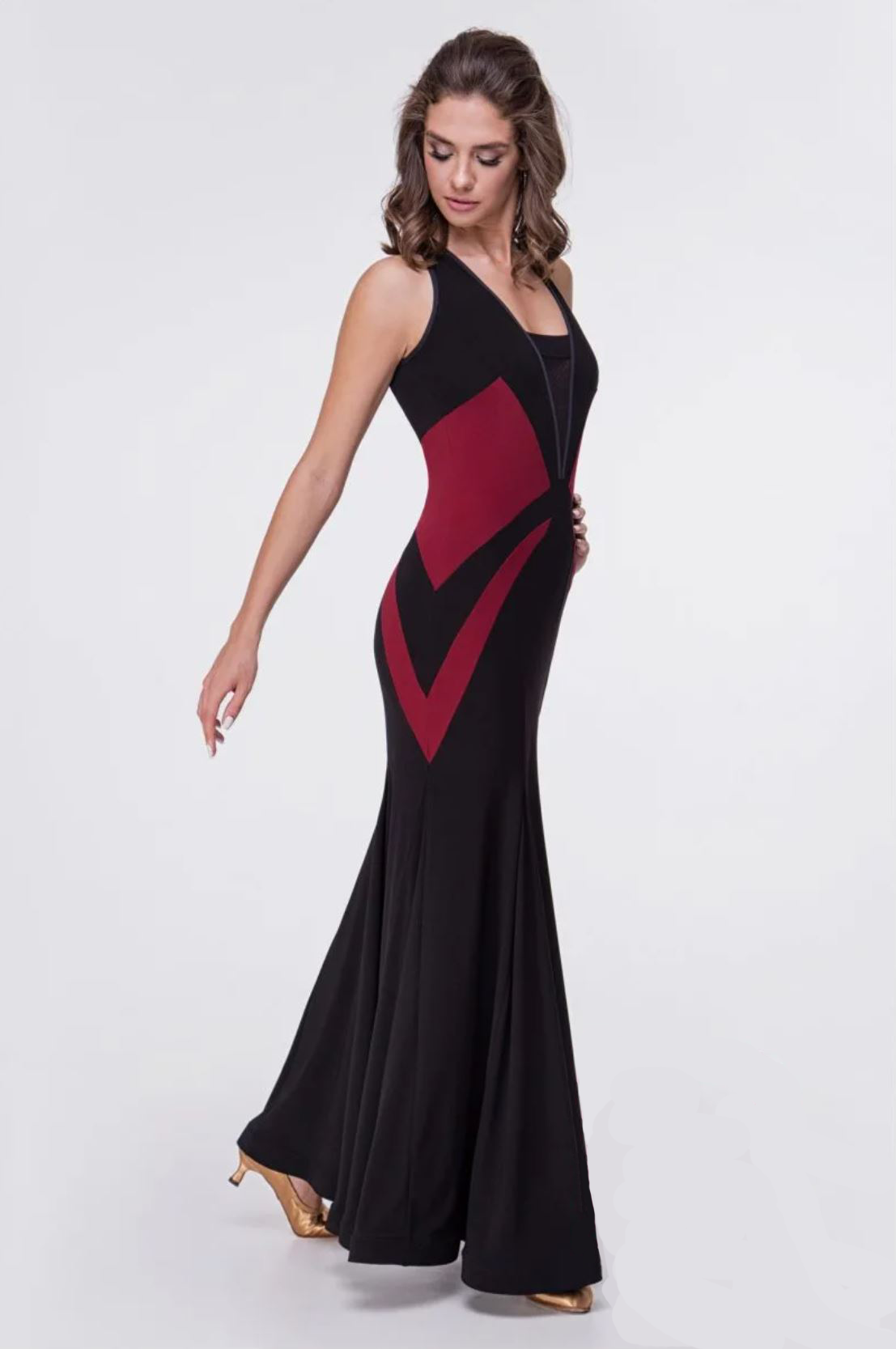 Women's red and black smooth ballroom dress with mesh insert