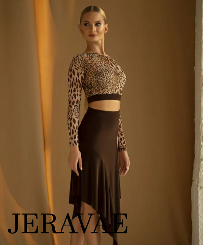 Latin Practice Skirt with High Side Slit, Velvet Waistband, and Flutter V-Cut Hem in Black, Red, or Brown PRA 581