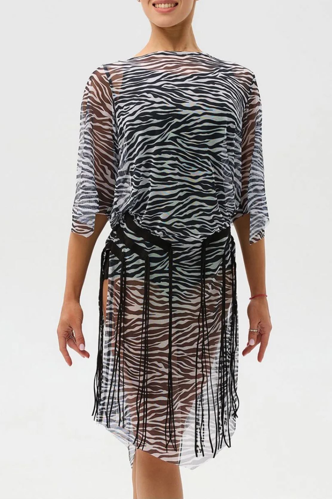 Black and white zebra print mesh Latin dress with black fringe