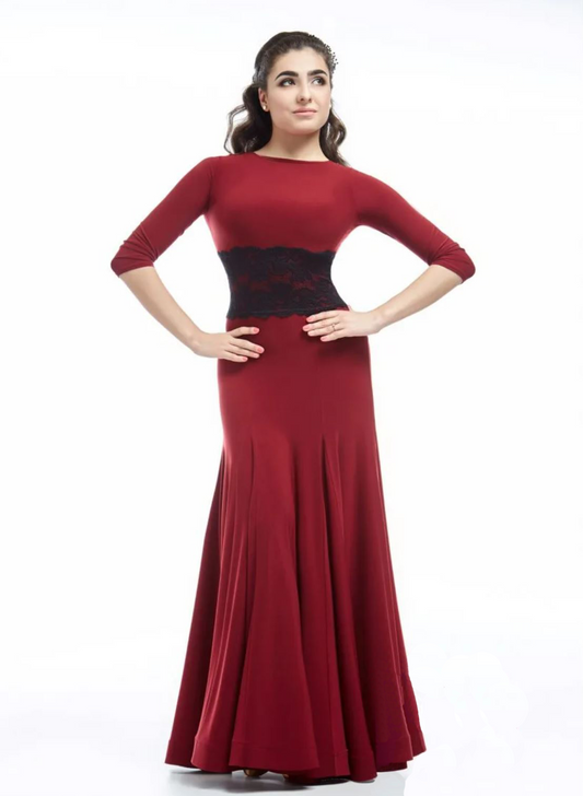 Red ballroom dress with black lace waistline