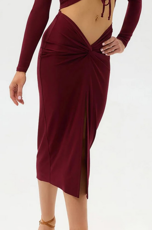 Women's burgundy Latin skirt with front knot