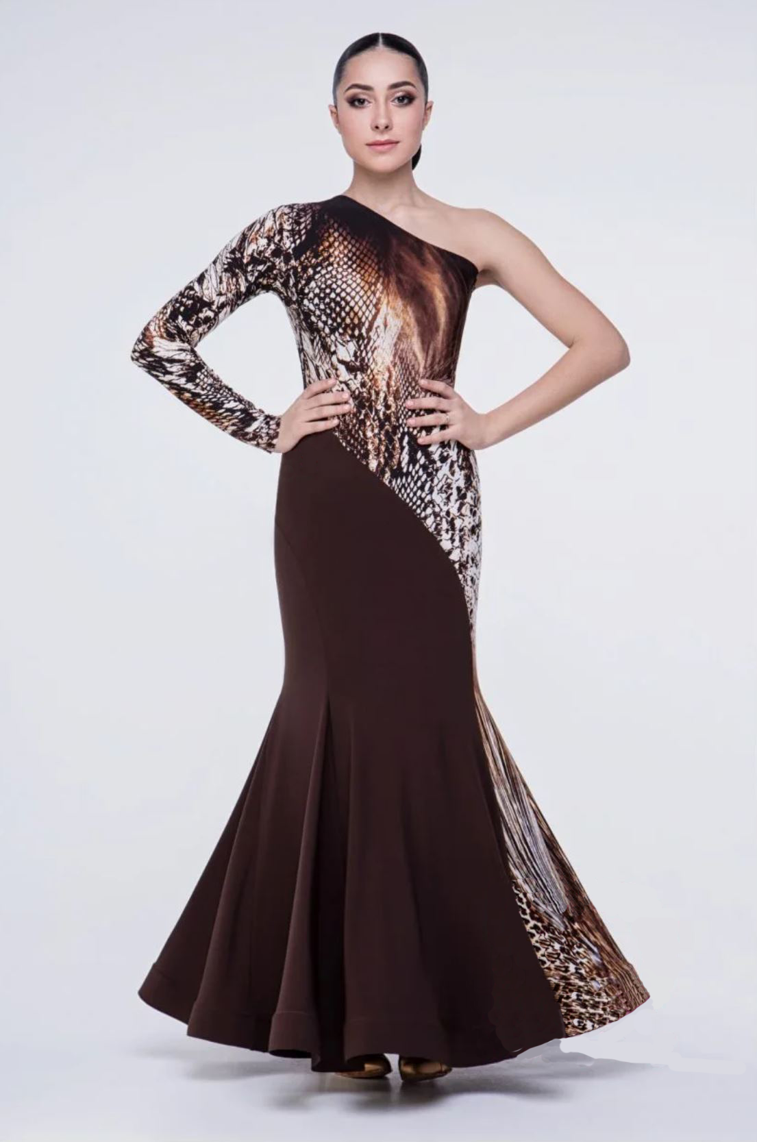 Women's animal print Smooth ballroom dress with one long sleeve