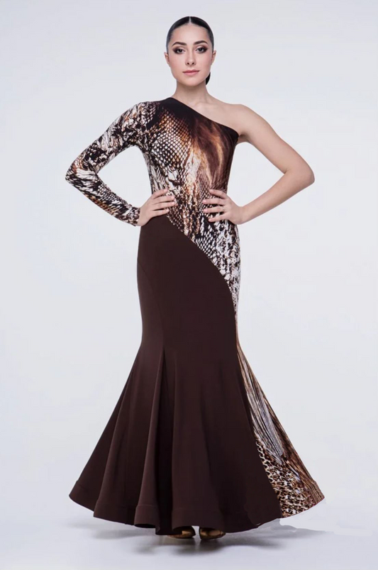 Women's animal print Smooth ballroom dress with one long sleeve