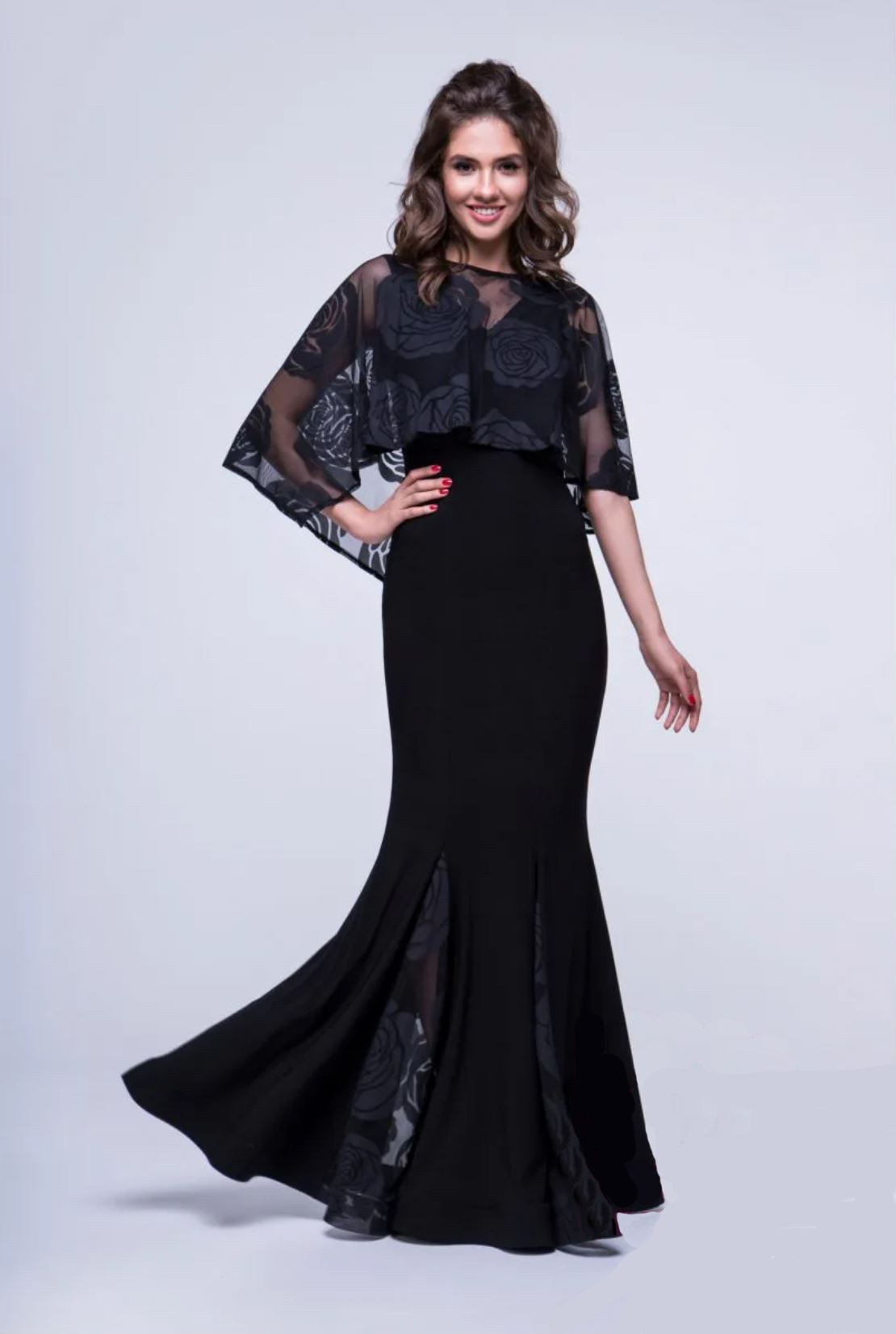 Women's black ballroom dress with rose mesh drape