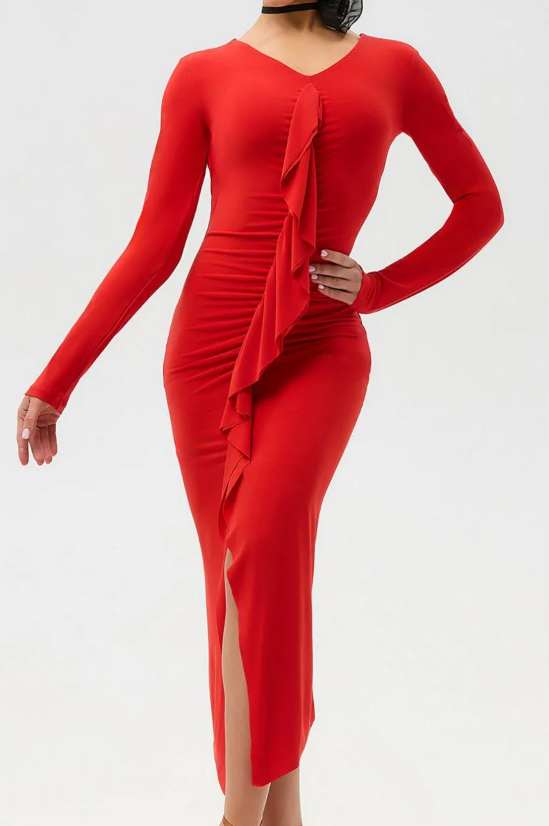 Red Latin dress with slit and long sleeves