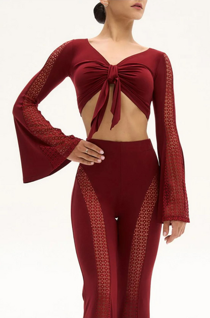 Women's burgundy crop top with tie detail and flared sleeves