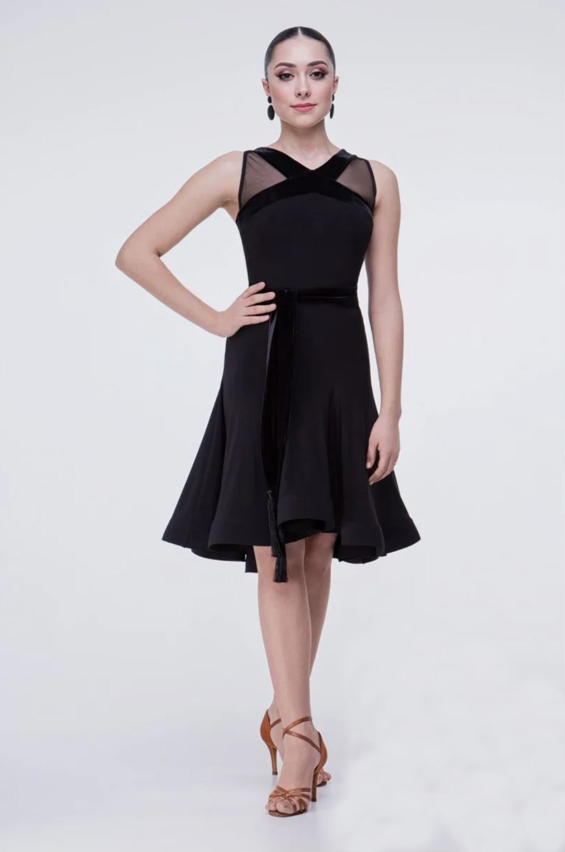 Black Latin dance dress with mesh and velvet details