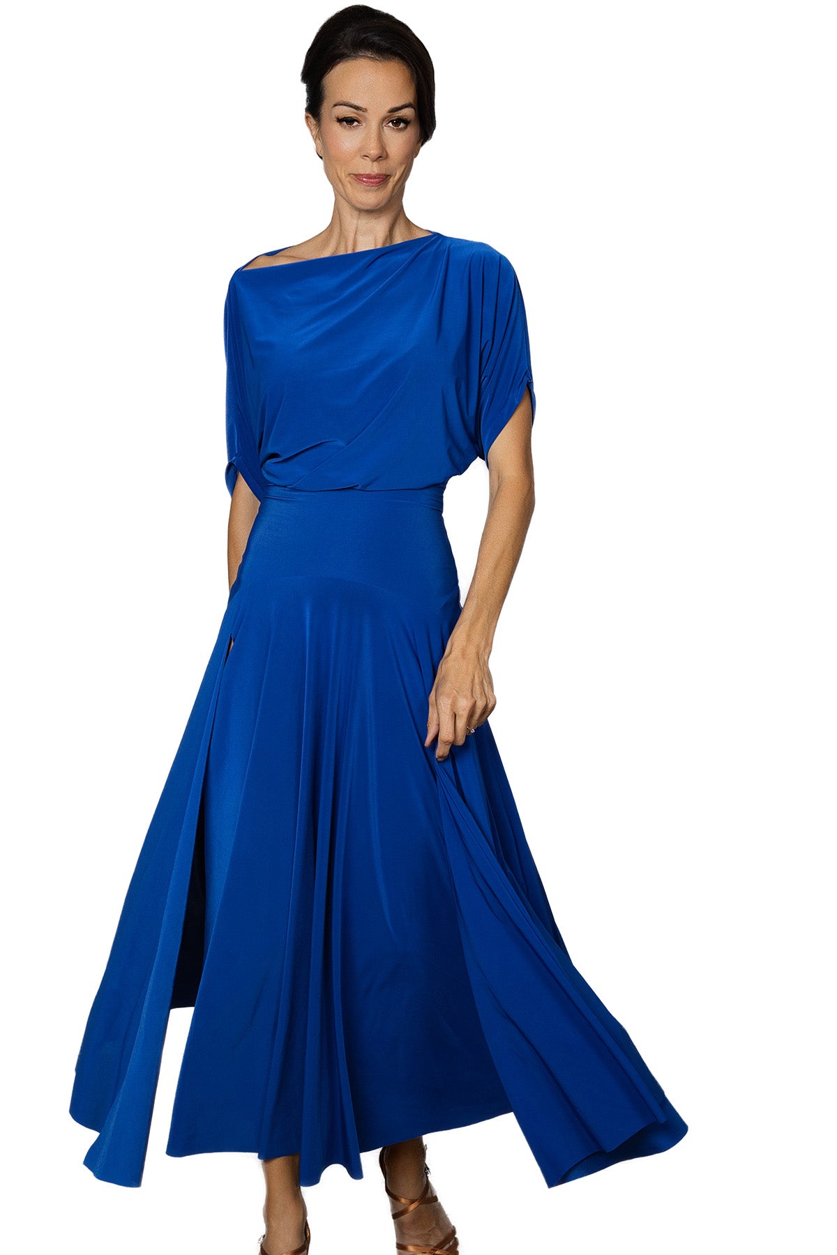 Ladies' blue ballroom dress with loose top and leg slit