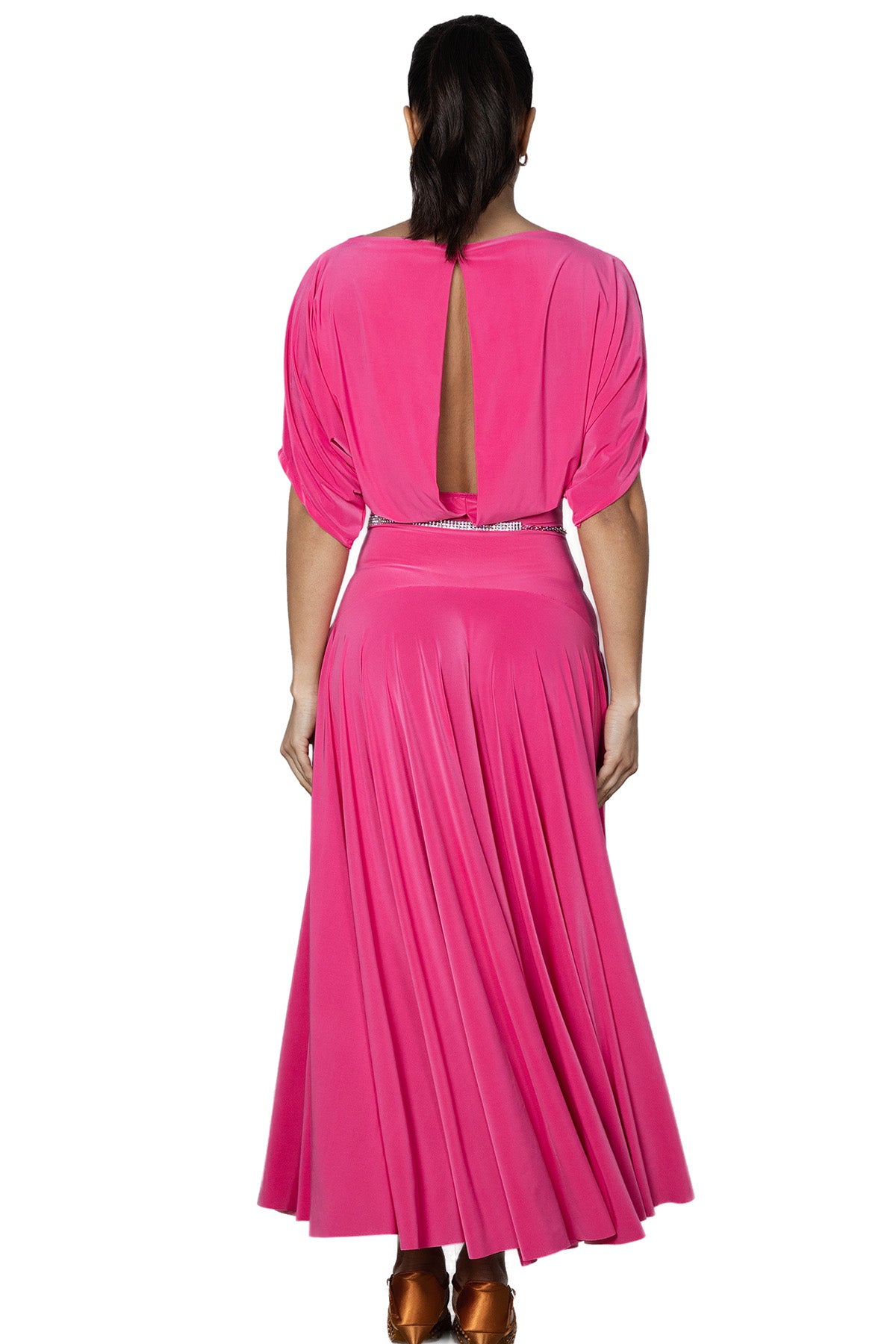 Back view of slit on women's pink ballroom dress