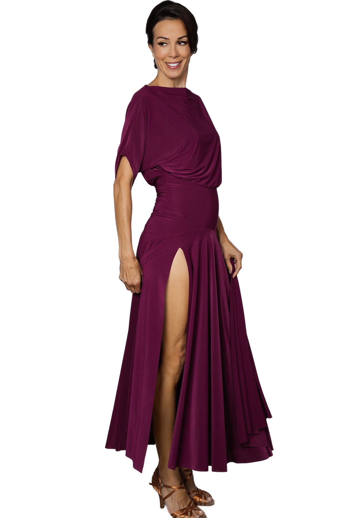 Ladies' wine colored dance dress with high slit