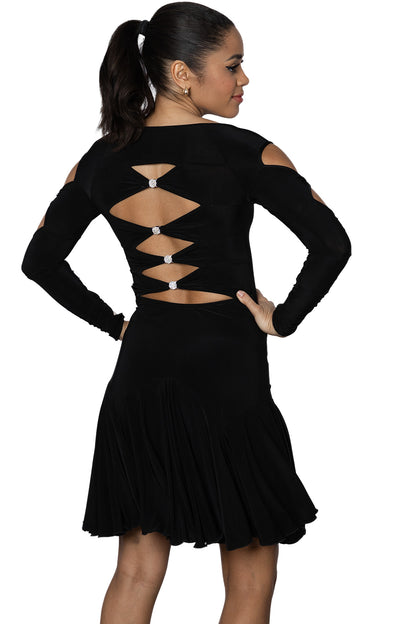 Women's black Latin dress with lattice black and rhinestone trim