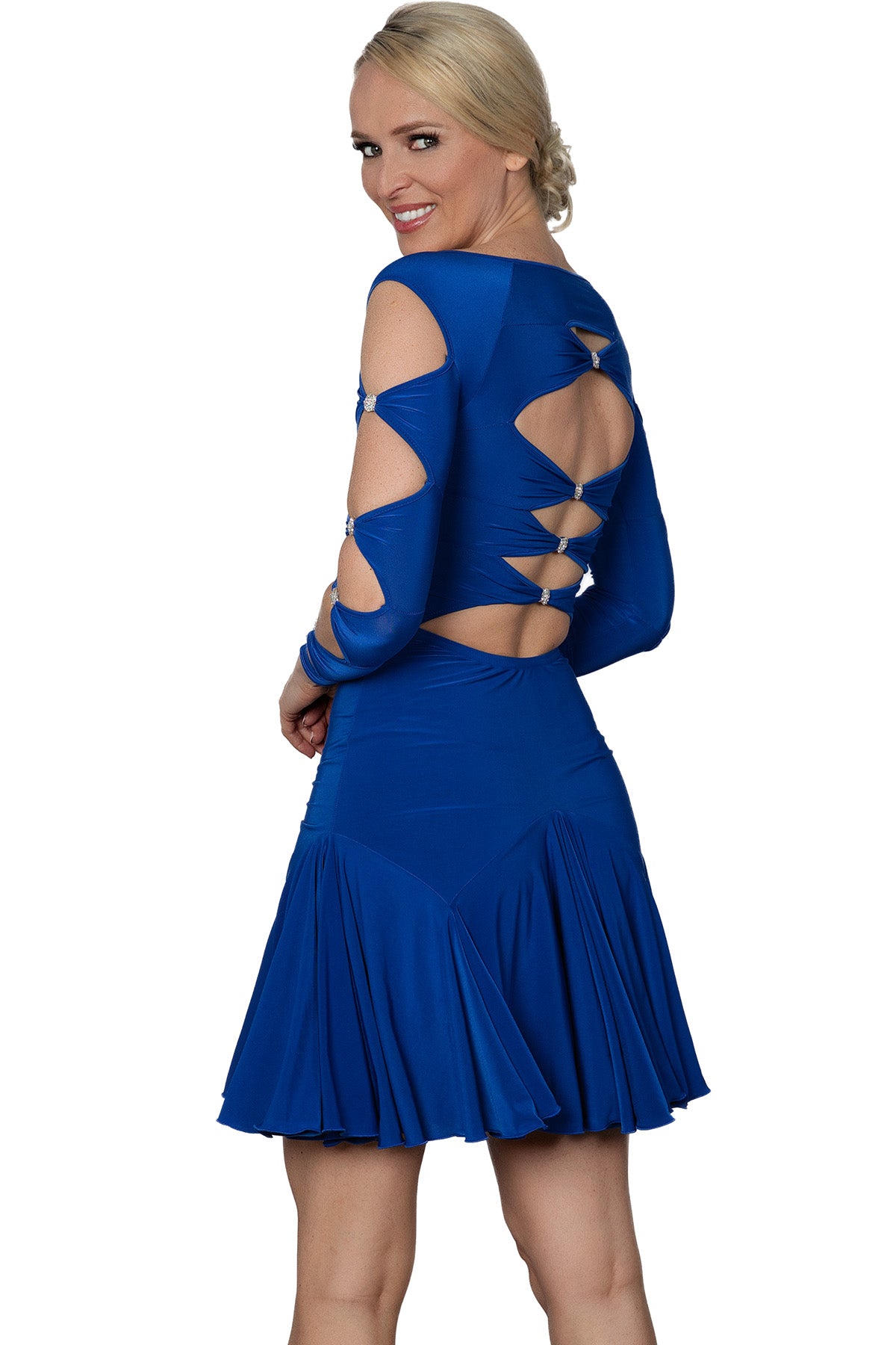 Women's blue lattice Latin dress with rhinestone trim