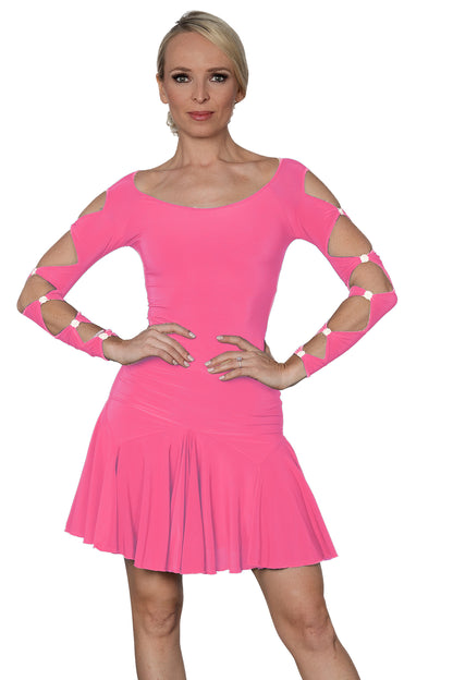 Pink dance dress for women with lattice sleeves and rhinestone trim