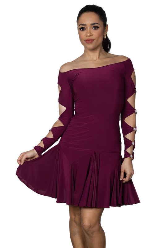 Wine colored Latin dress with lattice sleeves